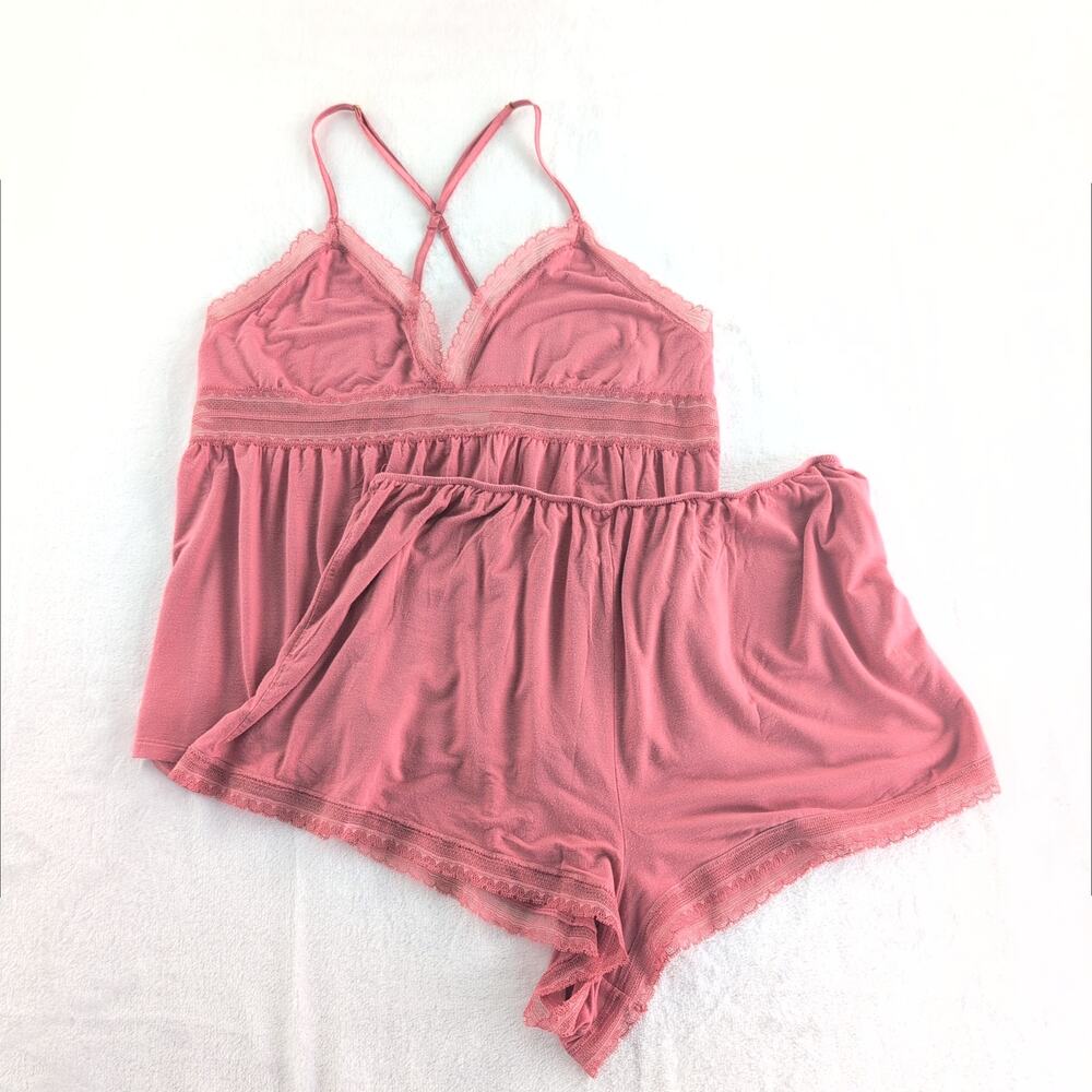 Victoria's Secret Babydoll Cami Shorts Lace Trimmed Nightie Set Women's XLCoral